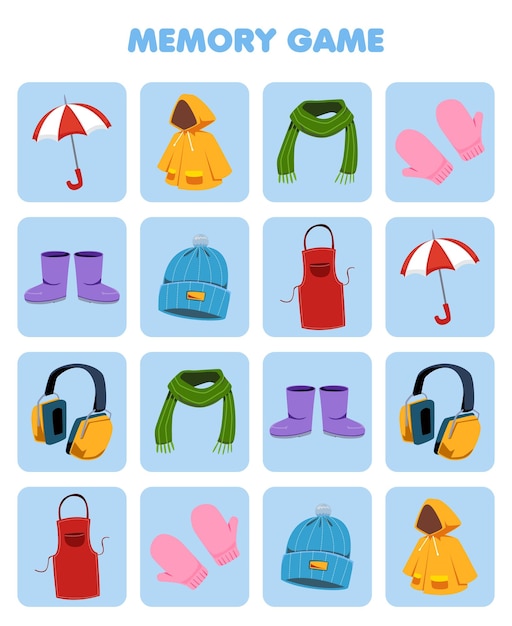 Vector education game for children memory to find similar pictures of cartoon umbrella raincoat scarf mitten boot beanie hat apron headphone printable clothes worksheet