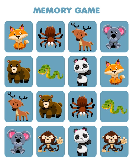 Education game for children memory to find similar pictures of cute cartoon forest animal printable worksheet