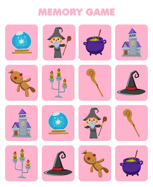 Education game for children memory to find similar pictures of cute cartoon magic orb cauldron castle voodoo doll candle hat staff wizard costume halloween printable worksheet