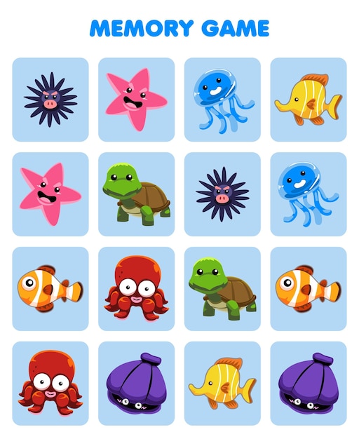 Memory Game for Preschool Children, Vector Cards with Cartoon