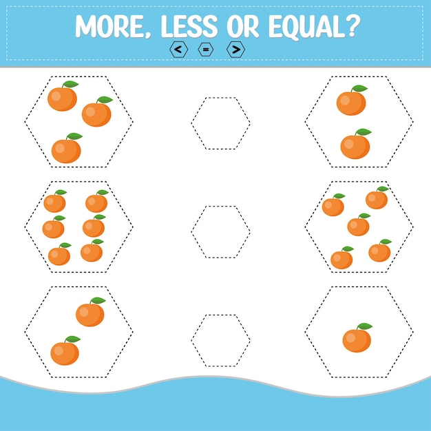 어린이를 위한 교육 게임은 만화 과일 체리 구아바의 양을 더 많거나 같게 계산합니다.