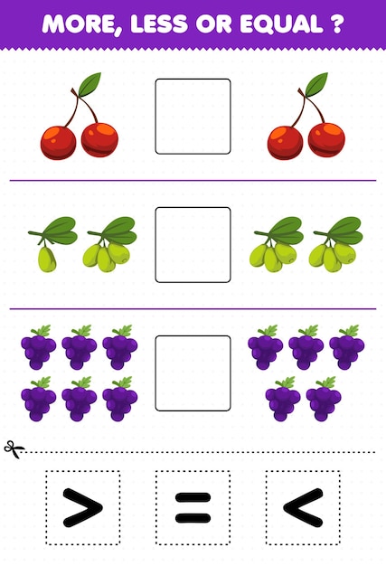 Education game for children more less or equal count the amount of cartoon fruits cherry olive grape then cut and glue cut the correct sign