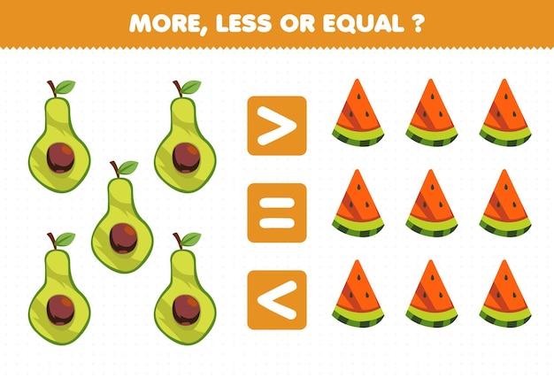 Gioco educativo per bambini più o meno uguali conta la quantità di frutta cartone animato fetta di avocado e anguria