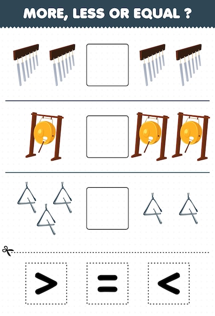 Education game for children more less or equal count the amount of cartoon music instrument chimes gong triangle then cut and glue cut the correct sign