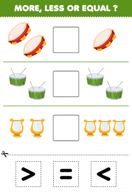 Education game for children more less or equal count the amount of cartoon music instrument tambourine drum lyre then cut and glue cut the correct sign