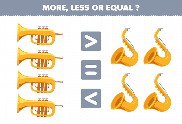 Education game for children more less or equal count the amount of cartoon music instrument trumpet and saxophone printable worksheet