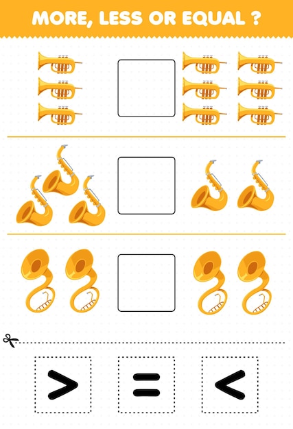 Образовательная игра для детей больше меньше или равно посчитайте количество мультипликационного музыкального инструмента труба саксофон сузафон затем вырежьте и приклейте вырежьте правильный знак