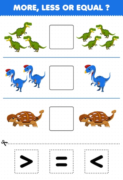 어린이를 위한 교육 게임은 만화 선사 시대 공룡 양추아노사우르스 오비랍토르 안킬로사우루스의 양을 더 많거나 같게 계산한 다음 올바른 기호를 자르고 붙입니다.