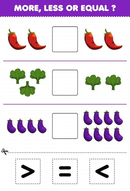 어린이를 위한 교육 게임은 만화 야채 칠리 시금치 가지의 양을 더 많거나 같게 계산한 다음 올바른 기호를 자르고 붙입니다.