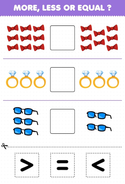 어린이를 위한 교육 게임은 만화 웨어러블 액세서리 리본 링 안경의 양을 더 많거나 같게 계산한 다음 올바른 기호를 자르고 붙입니다.