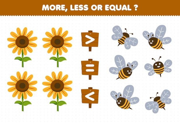 어린이를 위한 교육 게임은 귀여운 만화 꿀벌과 해바라기 인쇄 가능한 농장 워크시트의 양을 더 많거나 같게 계산합니다.