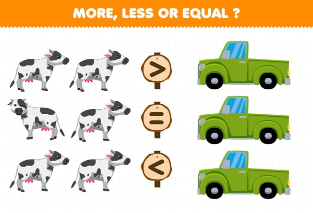 Education game for children more less or equal count the amount of cute cartoon cow and pickup truck printable farm worksheet