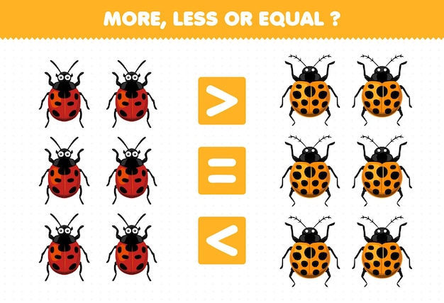 Gioco educativo per bambini più o meno uguale conta la quantità di foglio di lavoro bug stampabile coccinella simpatico cartone animato