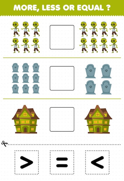 Gioco educativo per bambini più o meno uguale conta la quantità di simpatico cartone animato spooky house tombstone costume zombie quindi taglia e incolla taglia il foglio di lavoro di halloween del segno corretto