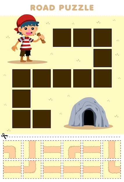 Education game for children road puzzle help boy move to the cave printable pirate worksheet