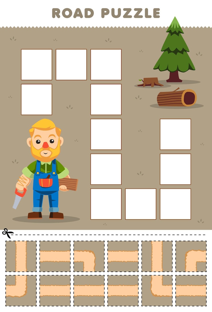 वेक्टर education game for children road puzzle help carpenter move to the tree printable profession worksheet