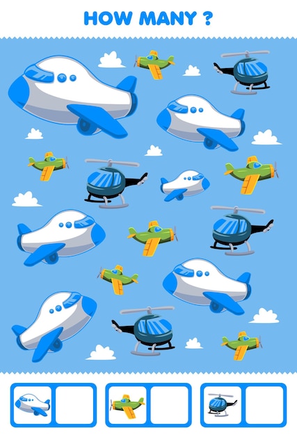 Education game for children searching and counting activity for preschool how many air transportation plane airplane helicopter
