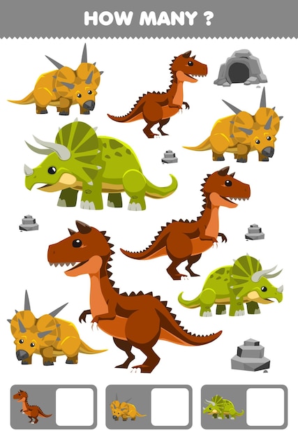 Vettore gioco educativo per bambini attività di ricerca e conteggio per la scuola materna quanti cartoni animati dinosauro preistorico carnotaurus triceratops xenoceratops