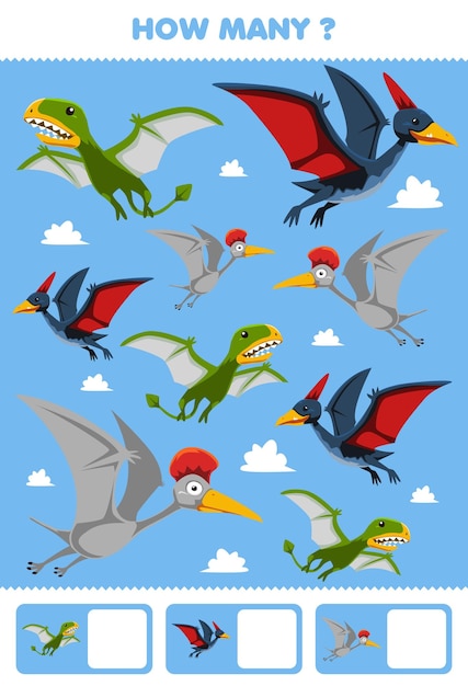 Education game for children searching and counting activity for preschool how many cartoon prehistoric flying dinosaur pteranodon hatzegopteryx