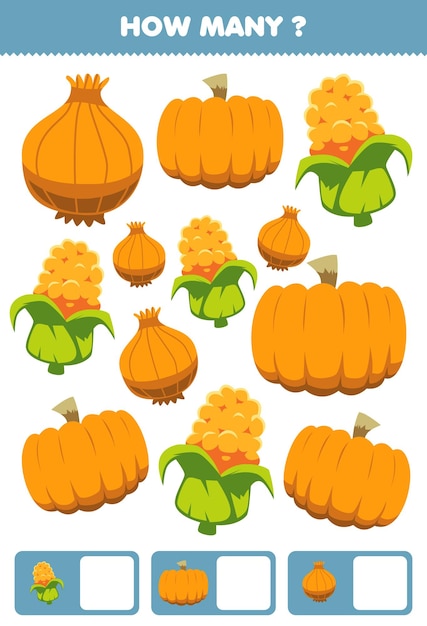 Education game for children searching and counting activity for preschool how many cartoon vegetables onion pumpkin corn