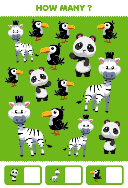 Education game for children searching and counting activity for preschool how many cute black and white animal toucan bird panda zebra in green background