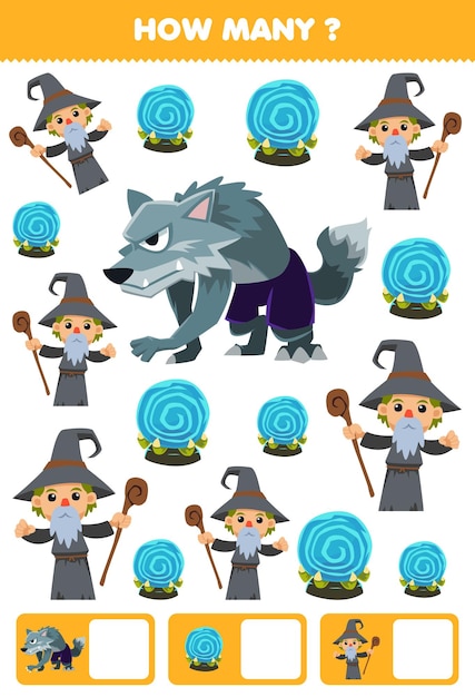 Education game for children searching and counting how many objects of cute cartoon magic orb werewolf wizard costume halloween printable worksheet