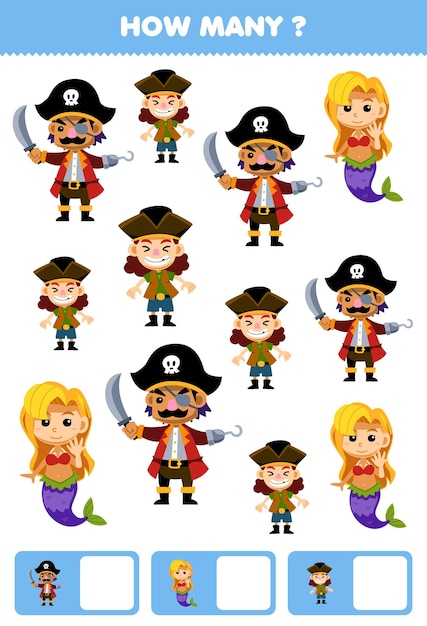 Образовательная игра для детей, ищущих и подсчитывающих, сколько объектов милого мультяшного человечка, русалки и мальчика, пиратский лист для печати