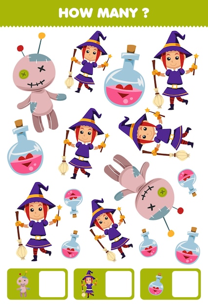 かわいい漫画ポーション ボトル ブードゥー人形魔女コスチューム ハロウィーン印刷可能なワークシートのオブジェクトの数を検索して数える子供向けの教育ゲーム