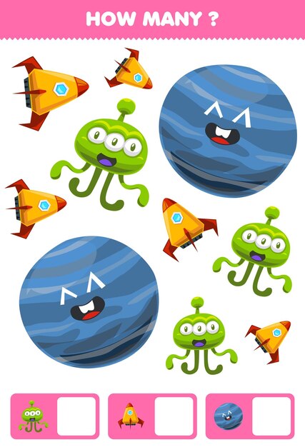 Education game for children searching and counting how many objects cute cartoon solar system planet alien rocket
