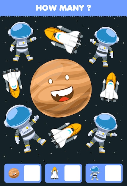 Education game for children searching and counting how many objects cute cartoon solar system planet astronaut spaceship