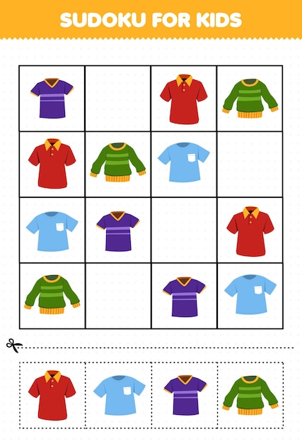 Education game for children sudoku for kids with cartoon wearable clothes jersey sweater polo shirt picture