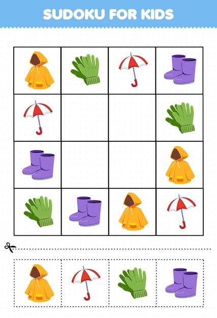 Education game for children sudoku for kids with cartoon wearable clothes raincoat glove umbrella boot picture