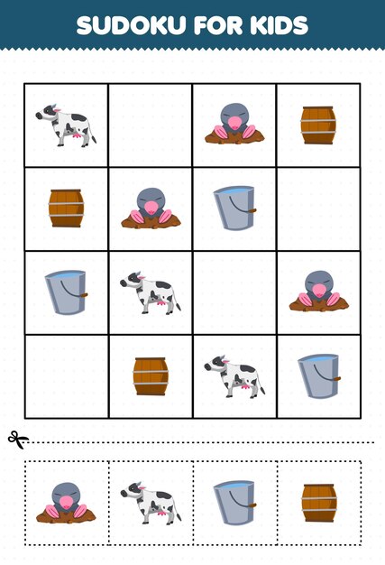 Education game for children sudoku for kids with cute cartoon cow mole wooden barrel bucket printable farm worksheet