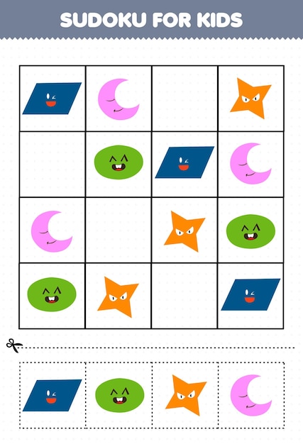 Education game for children sudoku for kids with cute cartoon geometric shape parallelogram oval star crescent picture