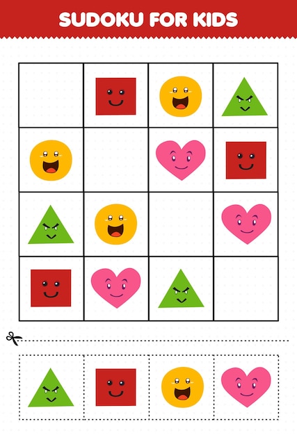 Education game for children sudoku for kids with cute cartoon geometric shape triangle square circle heart picture