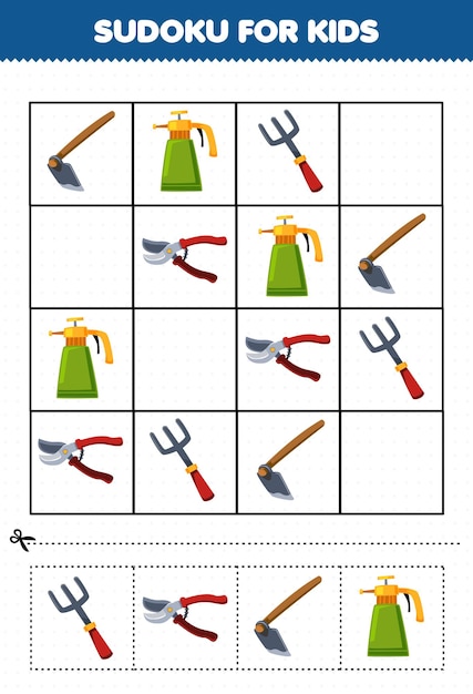 Education game for children sudoku for kids with cute cartoon hoe sprayer fork pruner printable tool worksheet