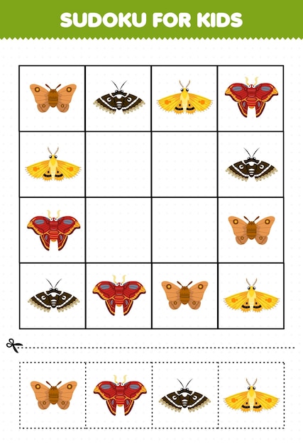 Education game for children sudoku for kids with cute cartoon moth printable bug worksheet