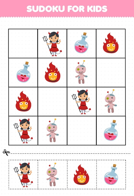 子供向けの教育ゲーム 数独 かわいい漫画のポーション ボトル 火のブードゥー教の人形 悪魔の少女の衣装 ハロウィーン 印刷可能なワークシート