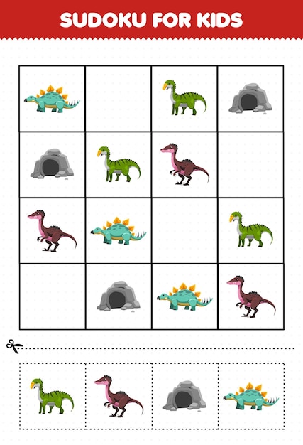 Обучающая игра для детей, судоку для детей с милым мультяшным доисторическим динозавром, стегозавром, грипозавром, пещерой, троодоном, изображением