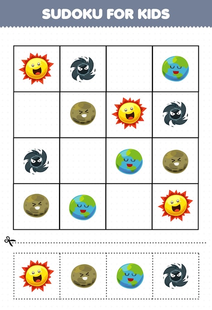 Education game for children sudoku for kids with cute cartoon solar system planet earth black hole sun picture