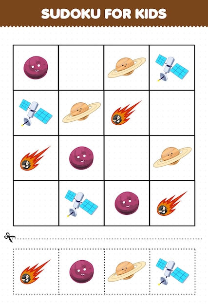 Education game for children sudoku for kids with cute cartoon solar system planet saturn satellite comet picture