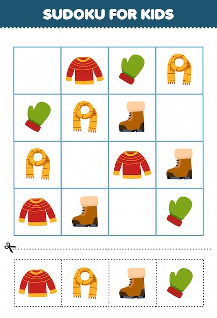 Education game for children sudoku for kids with cute cartoon sweater mitten scarf boot printable winter worksheet