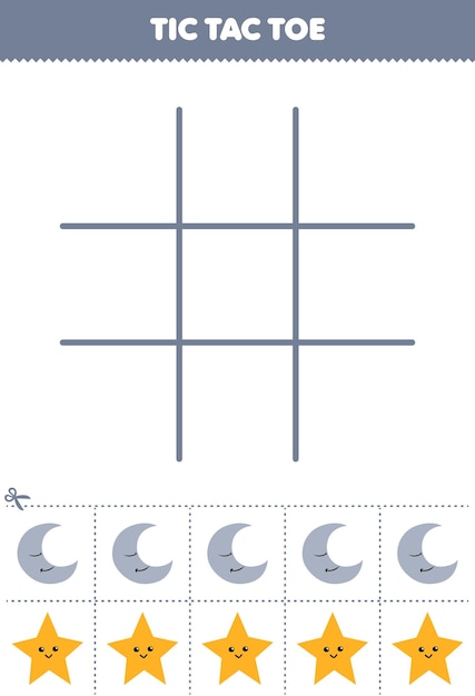 Education game for children tic tac toe set with cute cartoon crescent and star picture printable shape worksheet