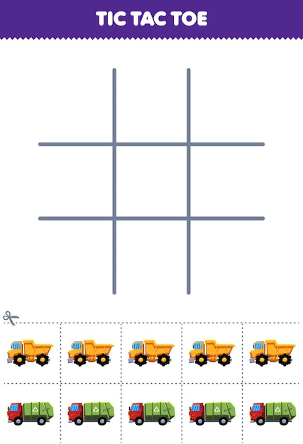 Education game for children tic tac toe set with cute cartoon dump truck and garbage truck picture printable transportation worksheet