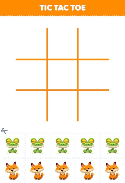 귀여운 만화 개구리와 여우 그림 인쇄용 동물 워크시트가 있는 어린이 tic tac toe 세트를 위한 교육 게임