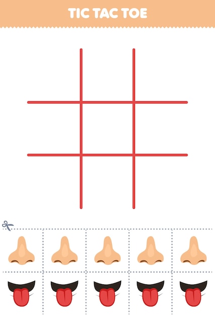 귀여운 만화 코와 혀 사진 인쇄 가능한 해부학 및 장기 워크시트가 포함된 어린이용 틱택토 교육 게임