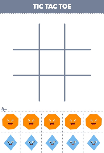 Education game for children tic tac toe set with cute cartoon octagon and rhombus picture printable shape worksheet