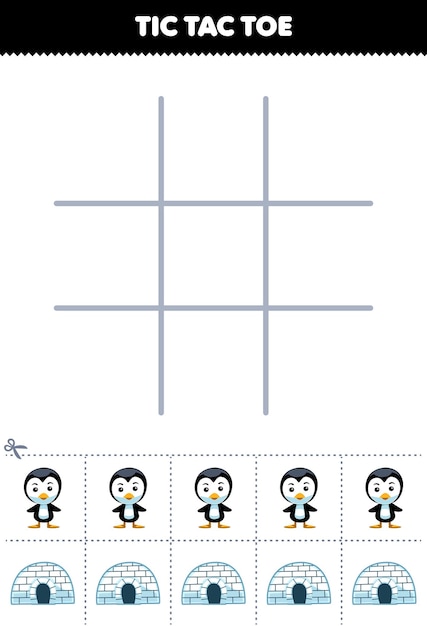 Vector education game for children tic tac toe set with cute cartoon penguin and igloo picture printable winter worksheet