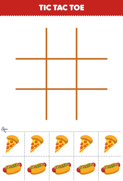 Education game for children tic tac toe set with cute cartoon pizza and hotdog picture printable food worksheet