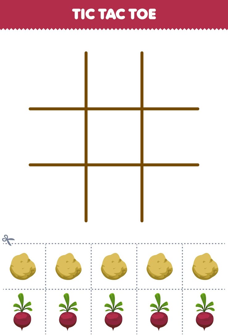 वेक्टर education game for children tic tac toe set with cute cartoon potato and turnip picture printable vegetable worksheet